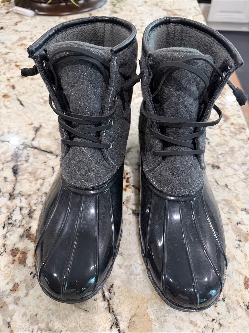London Fog Quilted Duck-Style Rain Boots in Dark Gray